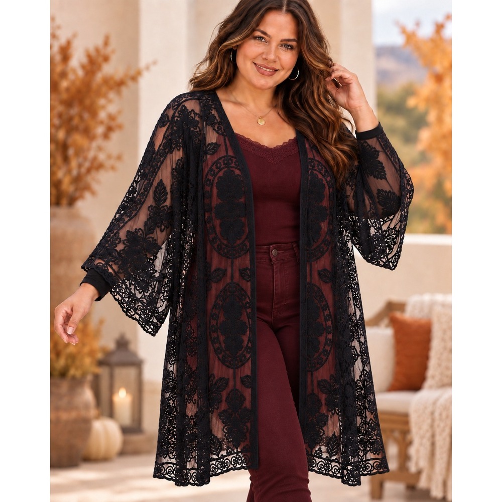 Whimsigoth Black Sheer Lace Duster Kimono Cardigan Floral Embroidery 2X-3X Sheer